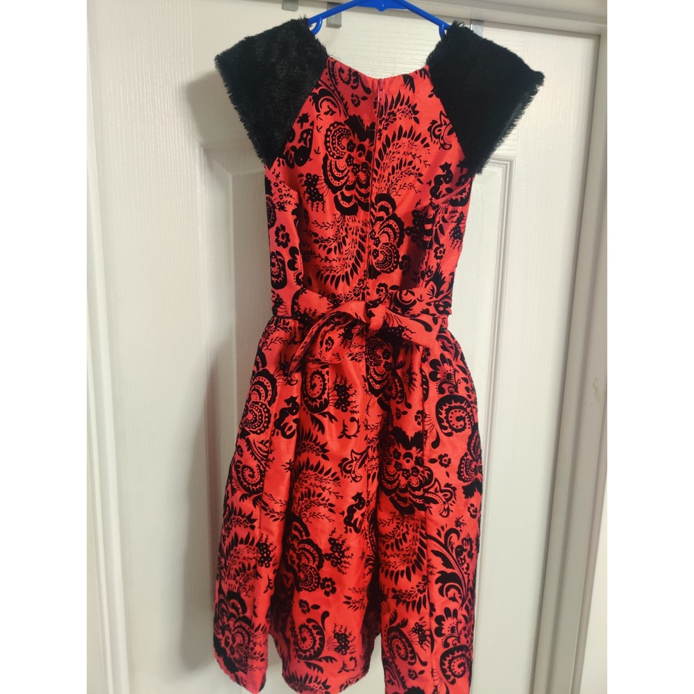 Wonder Nation Girls Red Black Damask Faux Fur Holiday Party Dress Size 12 - Picture 2 of 7